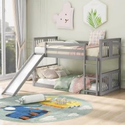 Gray Twin Over Twin Slide Bunk Bed with Ladder by GODEER