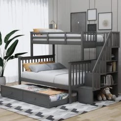 Gray Twin-over-Full Bunk Bed with Twin Trundle, Storage and Guard Rail by GODEER