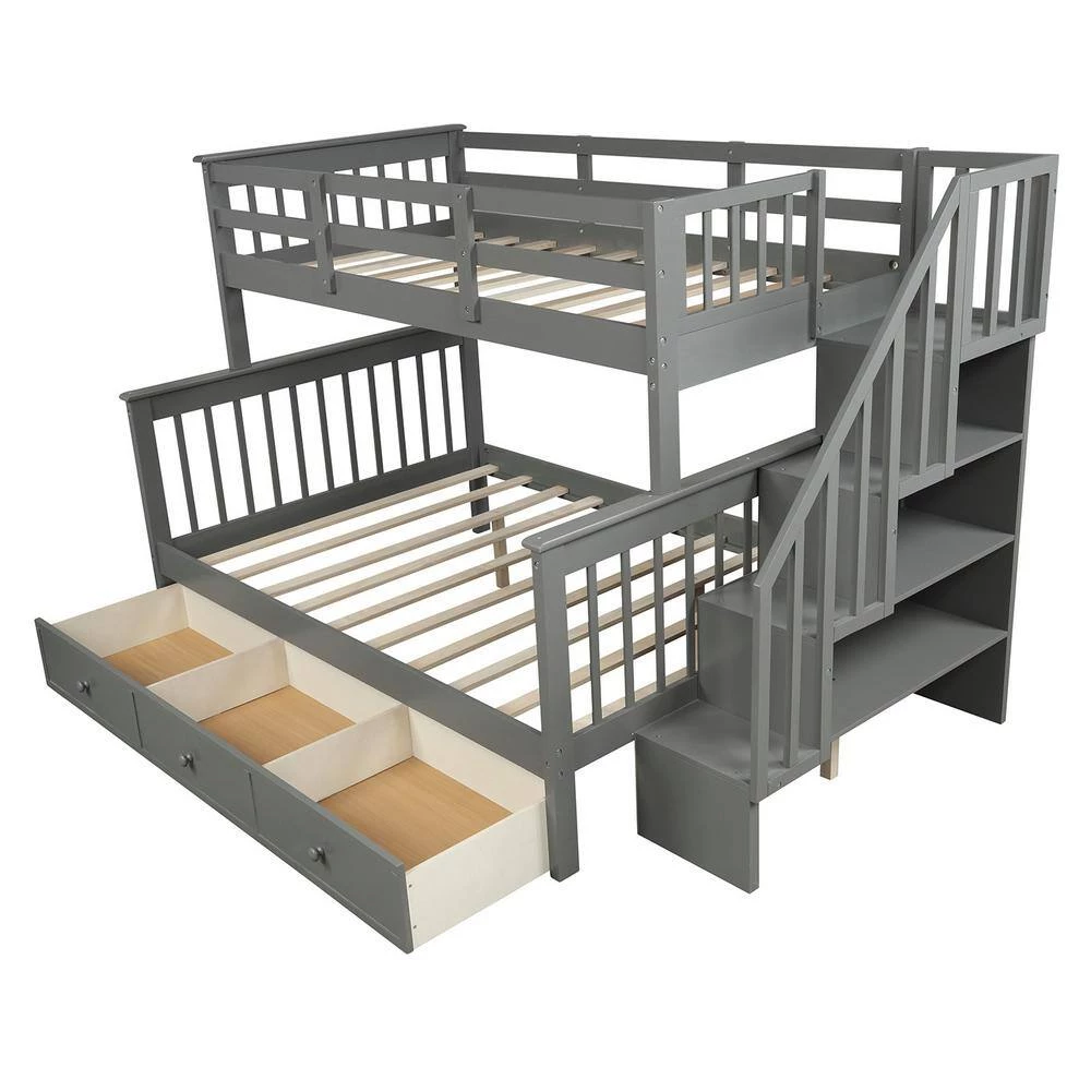 Gray Stairway Twin over Full Bunk Bed with Drawer, Storage and Guard Rail for Bedroom, Dorm, for Adults by GODEER - Image 5