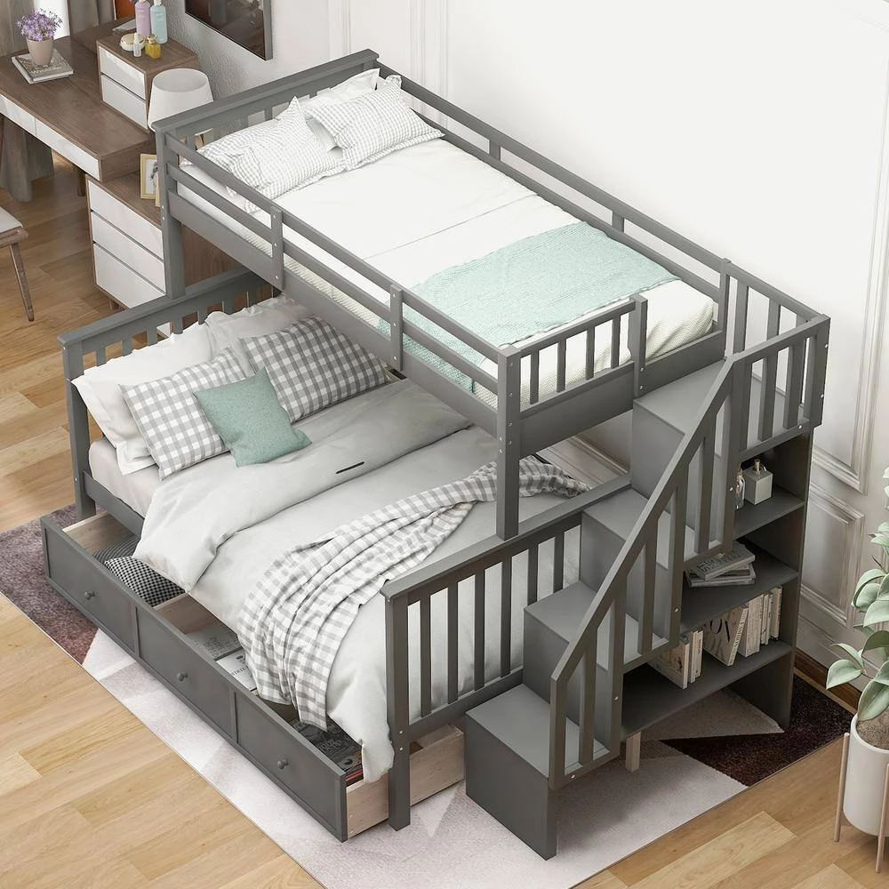 Gray Stairway Twin over Full Bunk Bed with Drawer, Storage and Guard Rail for Bedroom, Dorm, for Adults by GODEER - Image 15