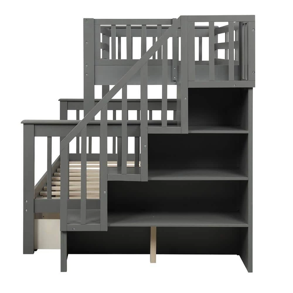 Gray Stairway Twin over Full Bunk Bed with Drawer, Storage and Guard Rail for Bedroom, Dorm, for Adults by GODEER - Image 3