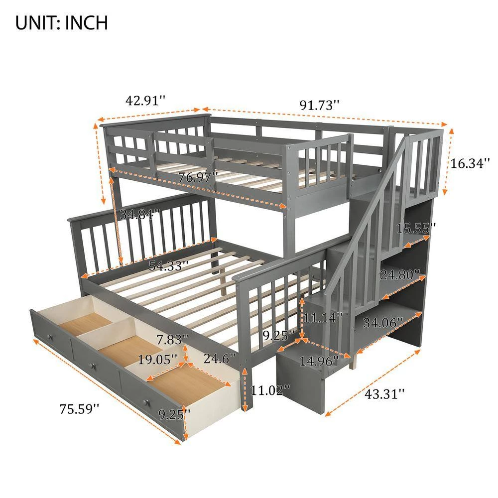 Gray Stairway Twin over Full Bunk Bed with Drawer, Storage and Guard Rail for Bedroom, Dorm, for Adults by GODEER - Image 6