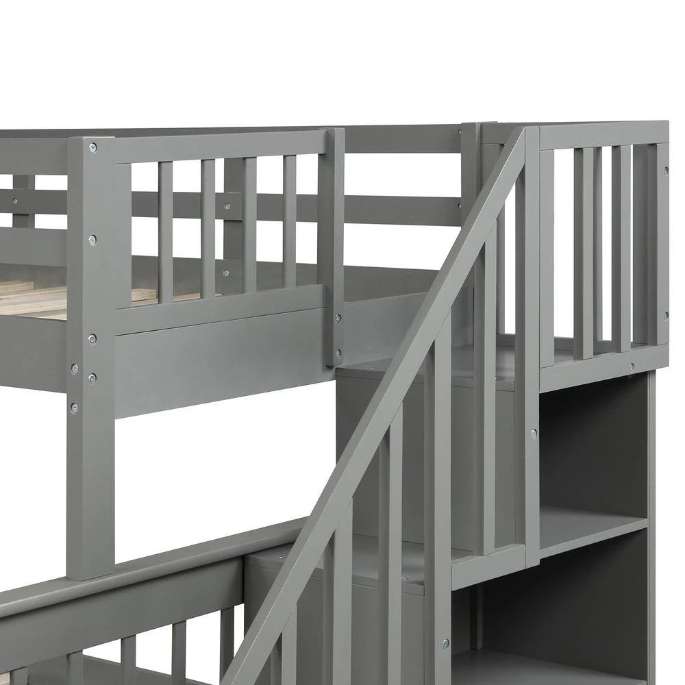 Gray Stairway Twin over Full Bunk Bed with Drawer, Storage and Guard Rail for Bedroom, Dorm, for Adults by GODEER - Image 13