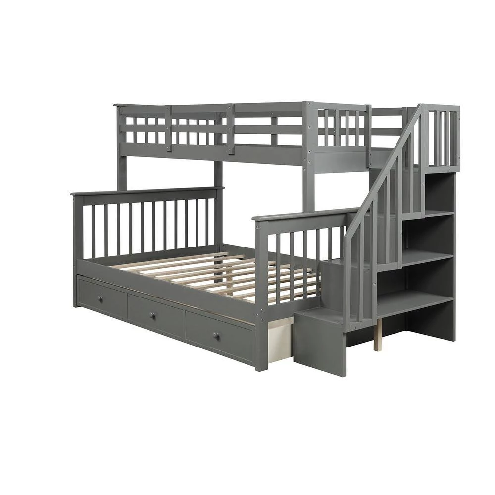 Gray Stairway Twin over Full Bunk Bed with Drawer, Storage and Guard Rail for Bedroom, Dorm, for Adults by GODEER - Image 14
