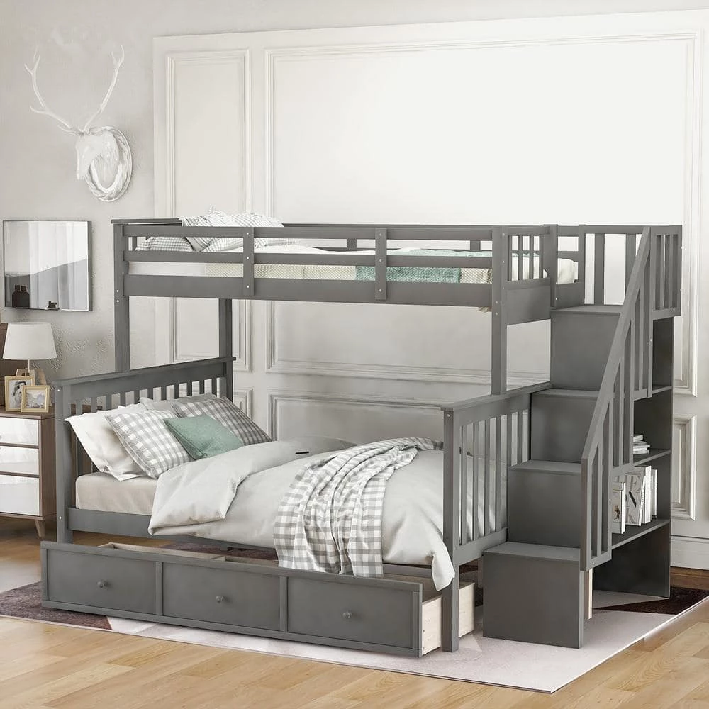Gray Stairway Twin over Full Bunk Bed with Drawer, Storage and Guard Rail for Bedroom, Dorm, for Adults by GODEER - Image 2