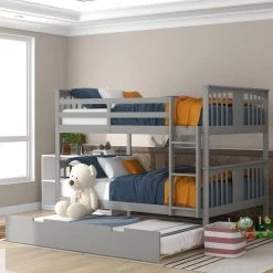 Gray Full Bunk Bed with Twin Size Trundle and Ladder by GODEER