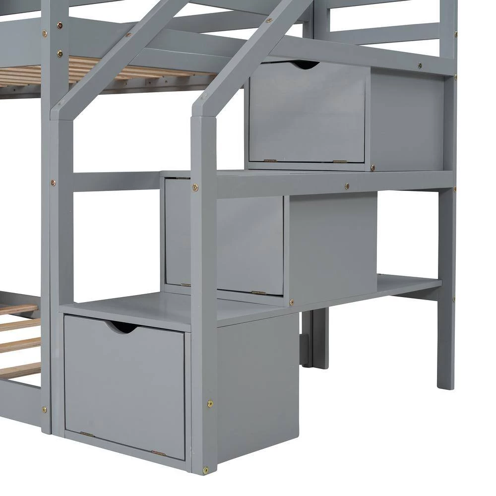 Gray Twin over Twin Bunk Bed with Storage Stairs, Wood Bed with Roof, Window, Guardrail by GODEER - Image 9