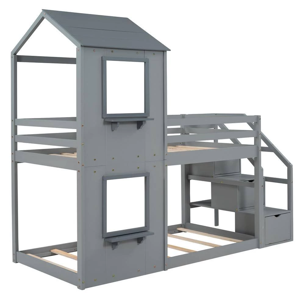 Gray Twin over Twin Bunk Bed with Storage Stairs, Wood Bed with Roof, Window, Guardrail by GODEER - Image 3
