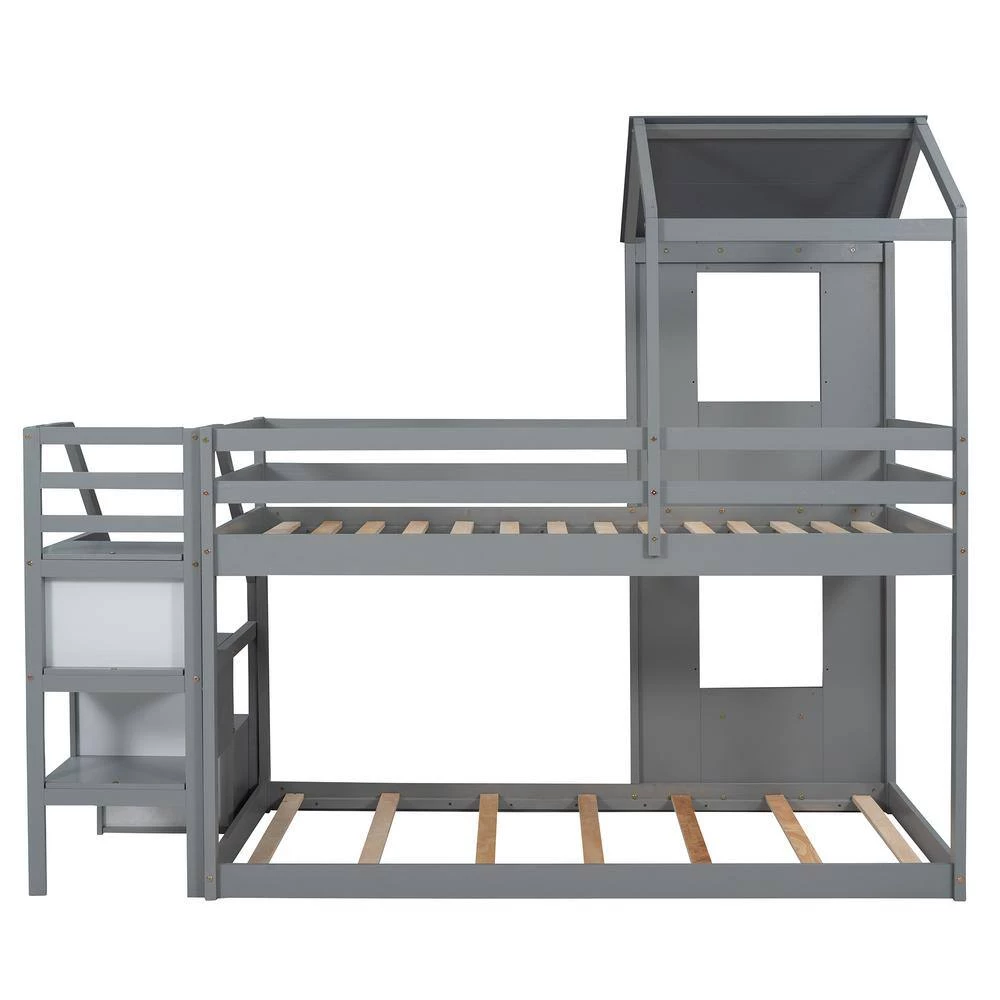 Gray Twin over Twin Bunk Bed with Storage Stairs, Wood Bed with Roof, Window, Guardrail by GODEER - Image 4