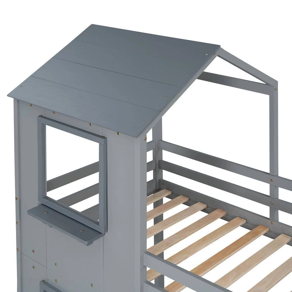 Gray Twin over Twin Bunk Bed with Storage Stairs, Wood Bed with Roof, Window, Guardrail by GODEER - Image 7
