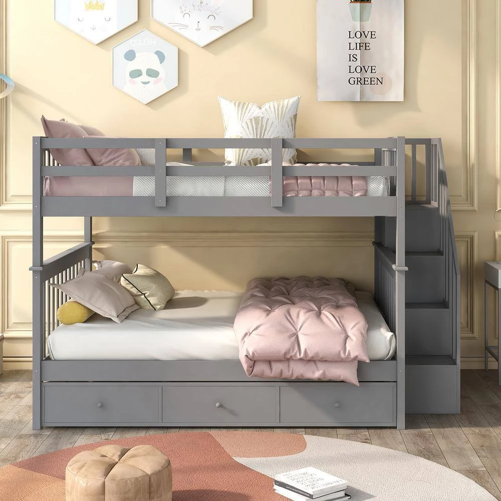 Gray Stairway Full Bunk Bed with Drawer, Storage and Guard Rail for Bedroom by GODEER - Image 9
