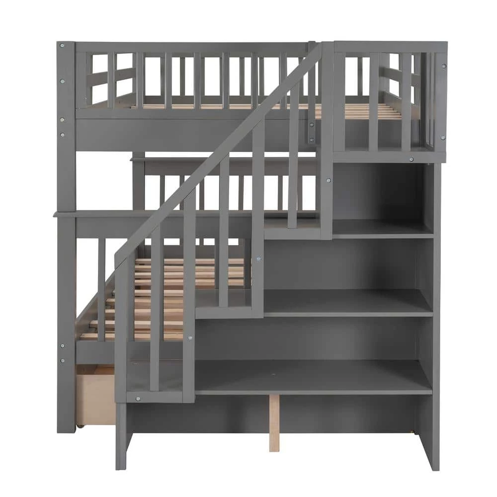Gray Stairway Full Bunk Bed with Drawer, Storage and Guard Rail for Bedroom by GODEER - Image 3
