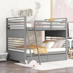 Gray Full over Full Wood Bunk Bed with 2-Drawers by GODEER