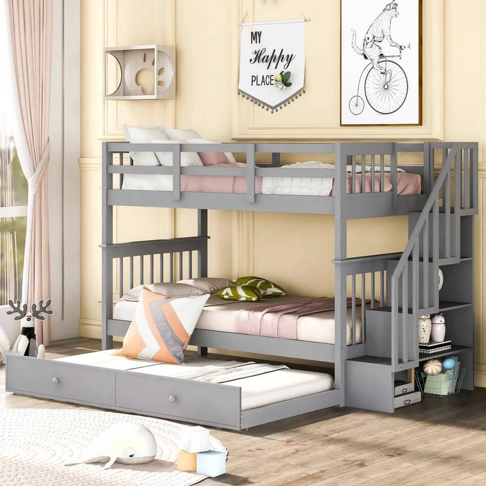 Gray Stairway Twin over Twin Bunk Bed with Twin Size Trundle for Bedroom, Dorm, Adults by GODEER