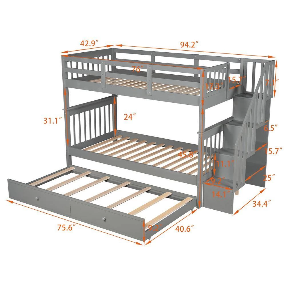 Gray Stairway Twin over Twin Bunk Bed with Twin Size Trundle for Bedroom, Dorm, Adults by GODEER - Image 5