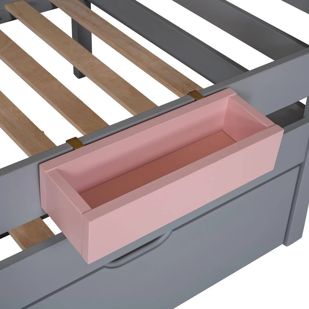 Gray Twin Over Twin Bunk Bed with 2-Drawers, 1 Storage Box, 1 Shelf, Window and Roof by GODEER - Image 8