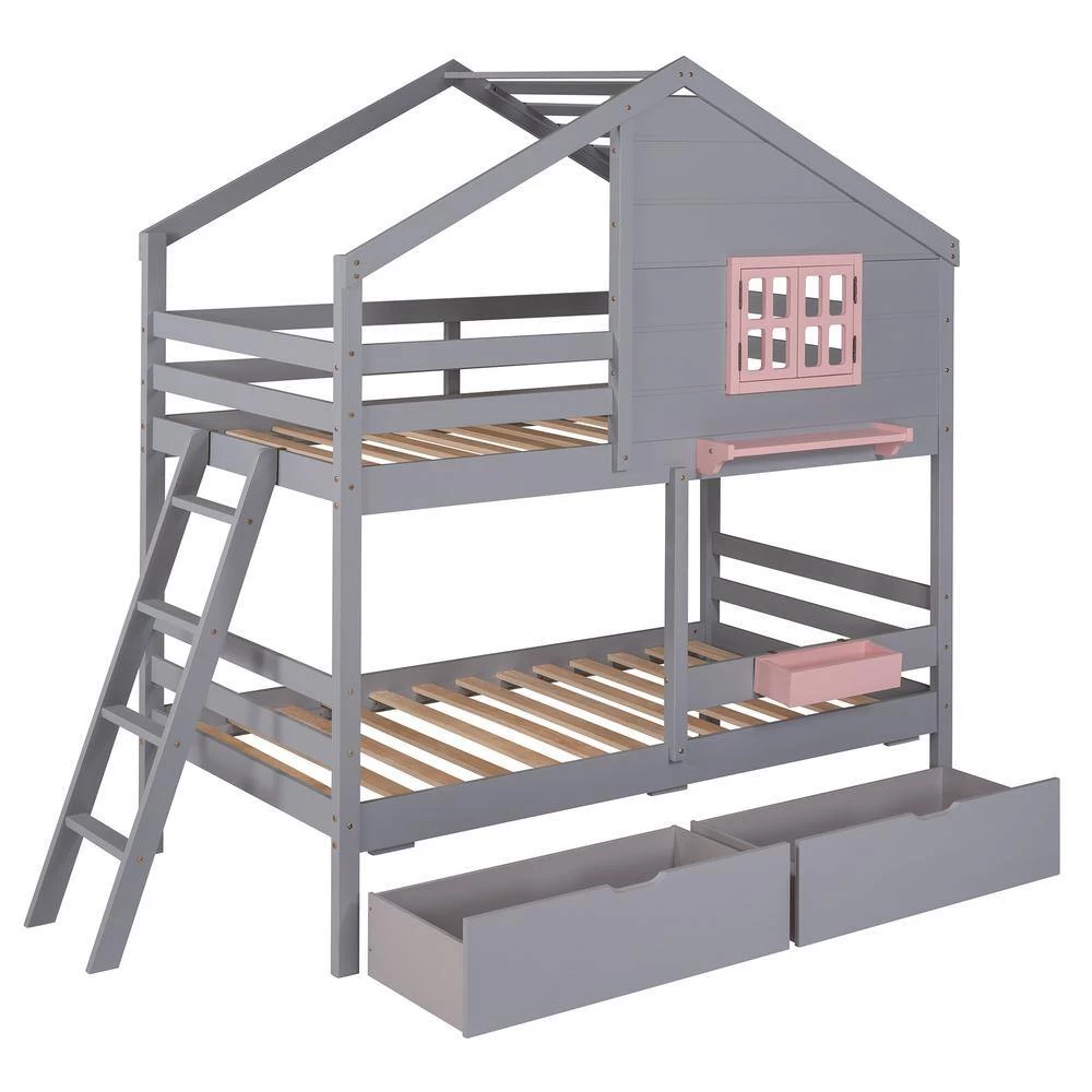 Gray Twin Over Twin Bunk Bed with 2-Drawers, 1 Storage Box, 1 Shelf, Window and Roof by GODEER - Image 2