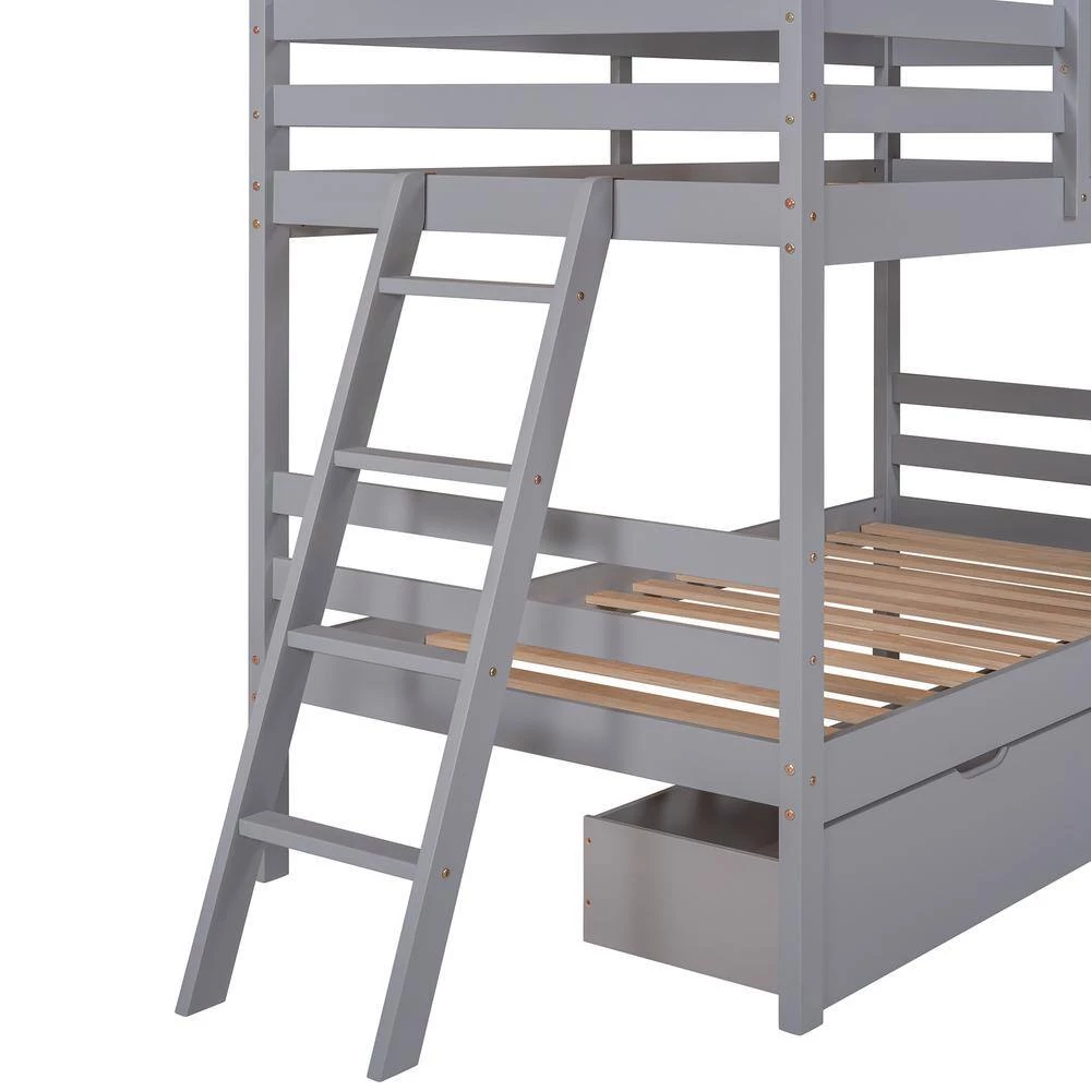 Gray Twin Over Twin Bunk Bed with 2-Drawers, 1 Storage Box, 1 Shelf, Window and Roof by GODEER - Image 9