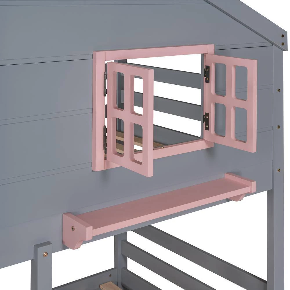 Gray Twin Over Twin Bunk Bed with 2-Drawers, 1 Storage Box, 1 Shelf, Window and Roof by GODEER - Image 7