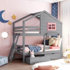 Gray Twin Over Twin Bunk Bed with 2-Drawers, 1 Storage Box, 1 Shelf, Window and Roof by GODEER