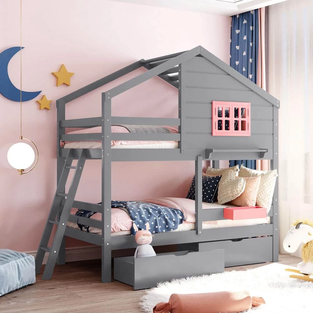 Gray Twin Over Twin Bunk Bed with 2-Drawers, 1 Storage Box, 1 Shelf, Window and Roof by GODEER