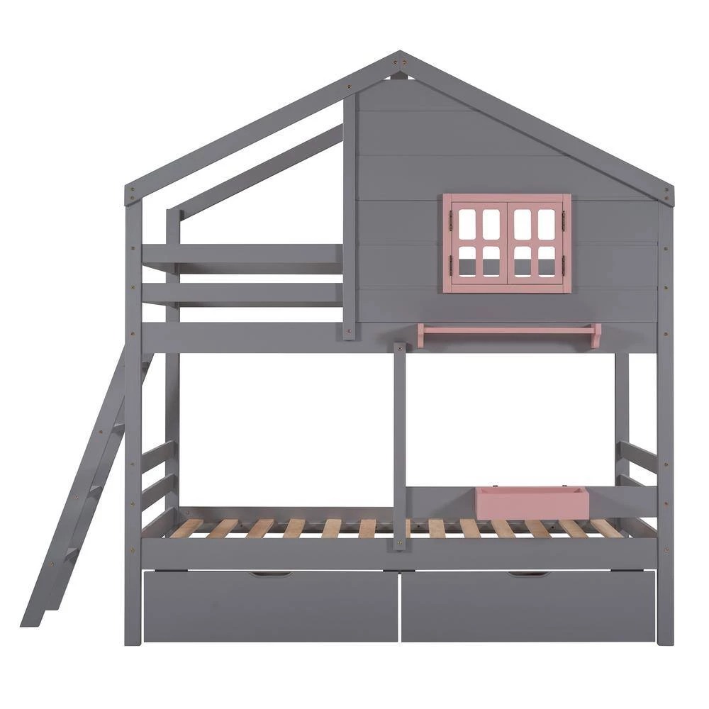 Gray Twin Over Twin Bunk Bed with 2-Drawers, 1 Storage Box, 1 Shelf, Window and Roof by GODEER - Image 5