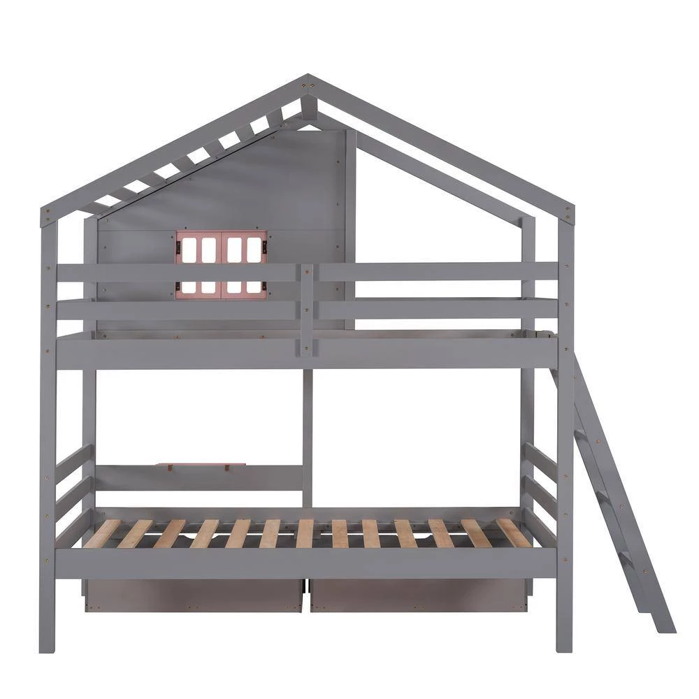 Gray Twin Over Twin Bunk Bed with 2-Drawers, 1 Storage Box, 1 Shelf, Window and Roof by GODEER - Image 3
