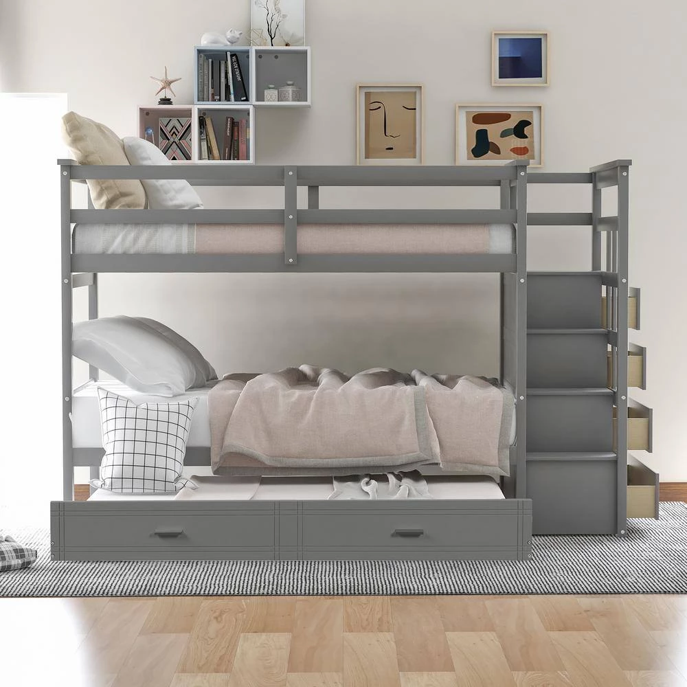 Gray Twin Over Twin Bunk Bed with Trundle and Staircase, Natural White by GODEER - Image 11