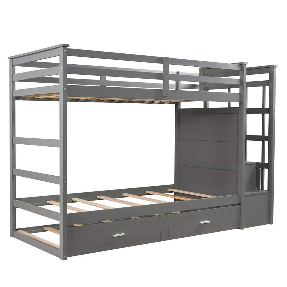 Gray Twin Over Twin Bunk Bed with Trundle and Staircase, Natural White by GODEER - Image 2