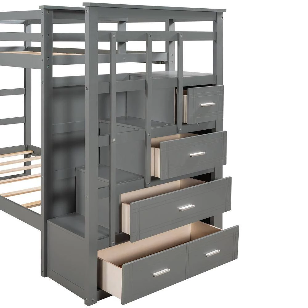 Gray Twin Over Twin Bunk Bed with Trundle and Staircase, Natural White by GODEER - Image 9