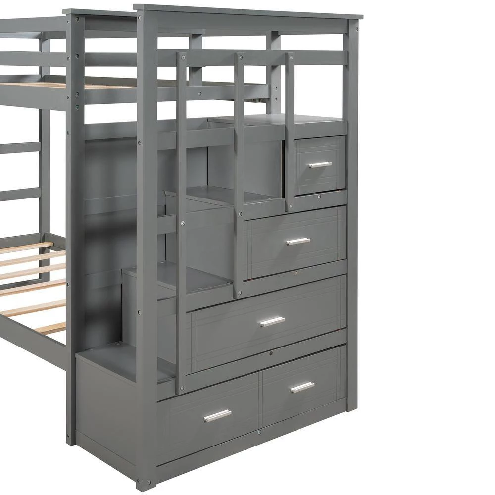 Gray Twin Over Twin Bunk Bed with Trundle and Staircase, Natural White by GODEER - Image 7