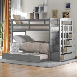 Gray Twin Over Twin Bunk Bed with Trundle and Staircase, Natural White by GODEER