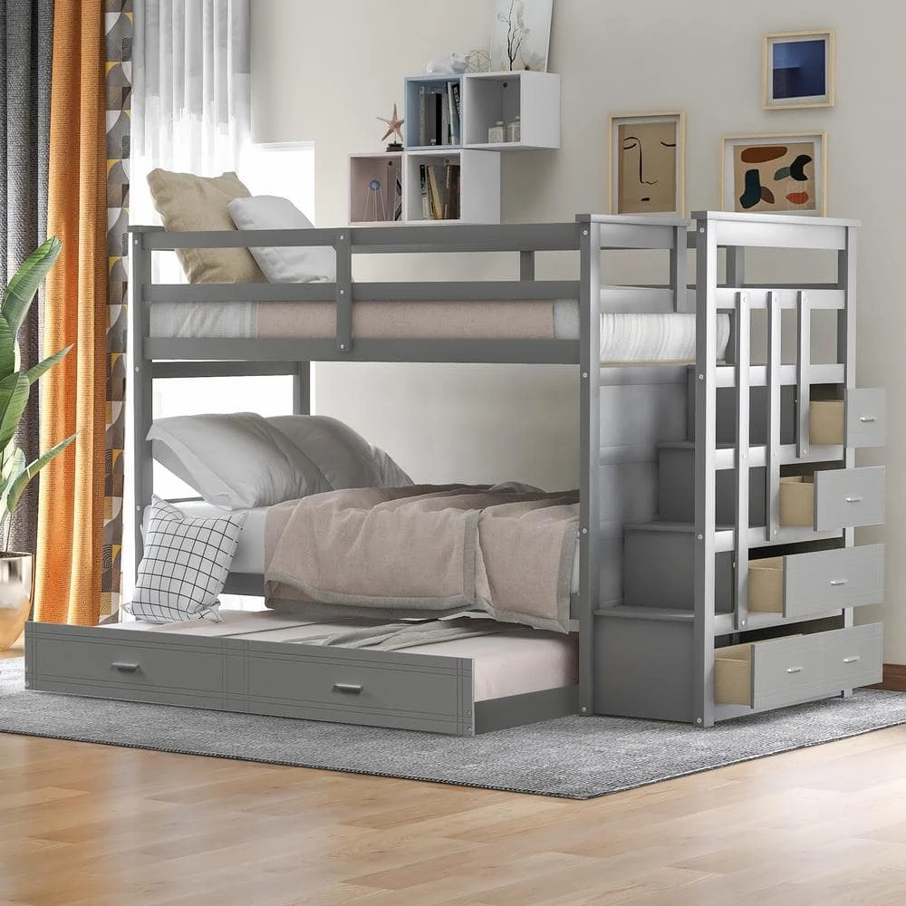 Gray Twin Over Twin Bunk Bed with Trundle and Staircase, Natural White by GODEER