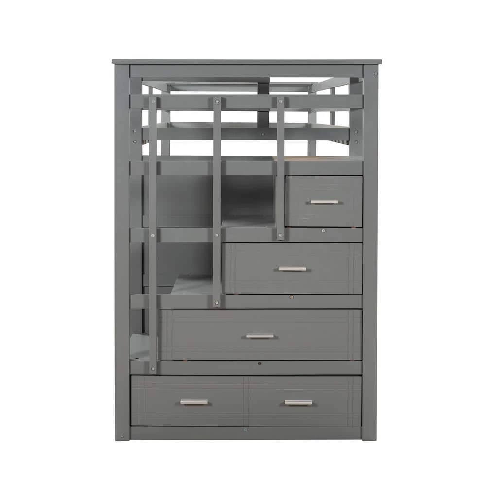 Gray Twin Over Twin Bunk Bed with Trundle and Staircase, Natural White by GODEER - Image 3