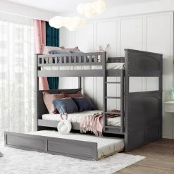 Gray Full Over Full Bunk Bed with Twin Size Trundle, Pine Wood Bunk Bed with Guardrails by GODEER