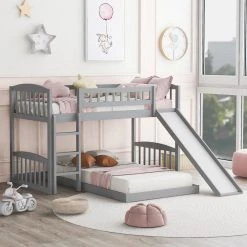 Gray Twin Bunk Bed with Slide and Ladder by GODEER