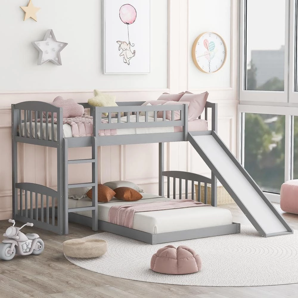 Gray Twin Bunk Bed with Slide and Ladder by GODEER