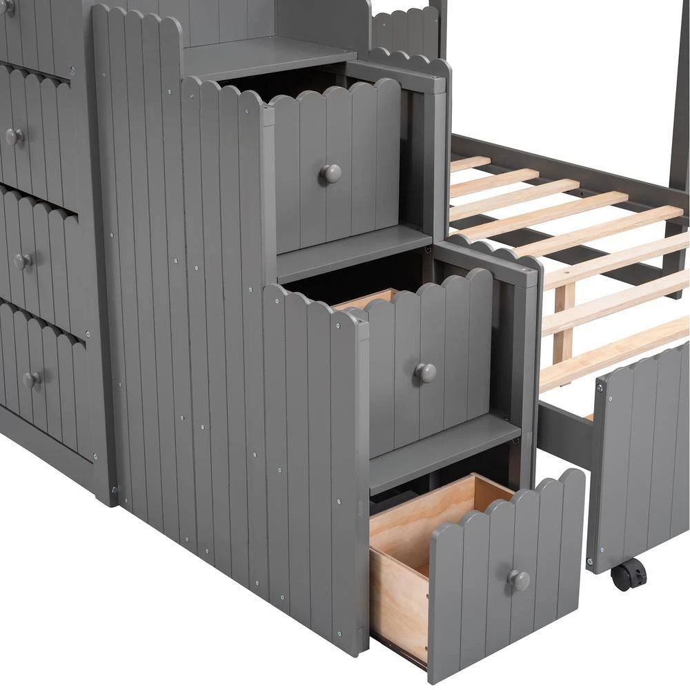 Gray Stairway Twin Over Full Bunk Bed, House Bed with 2-Shelves and Seven Drawers by GODEER - Image 8