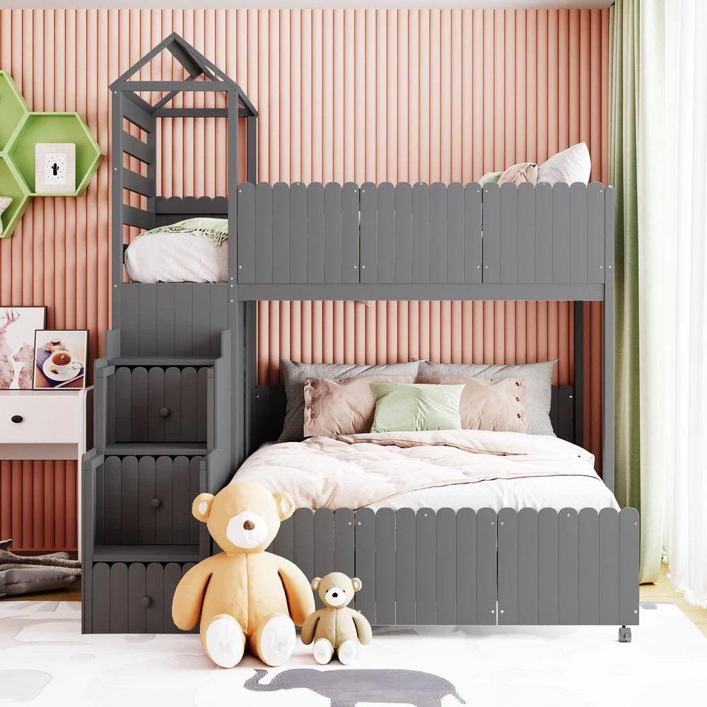 Gray Stairway Twin Over Full Bunk Bed, House Bed with 2-Shelves and Seven Drawers by GODEER - Image 11