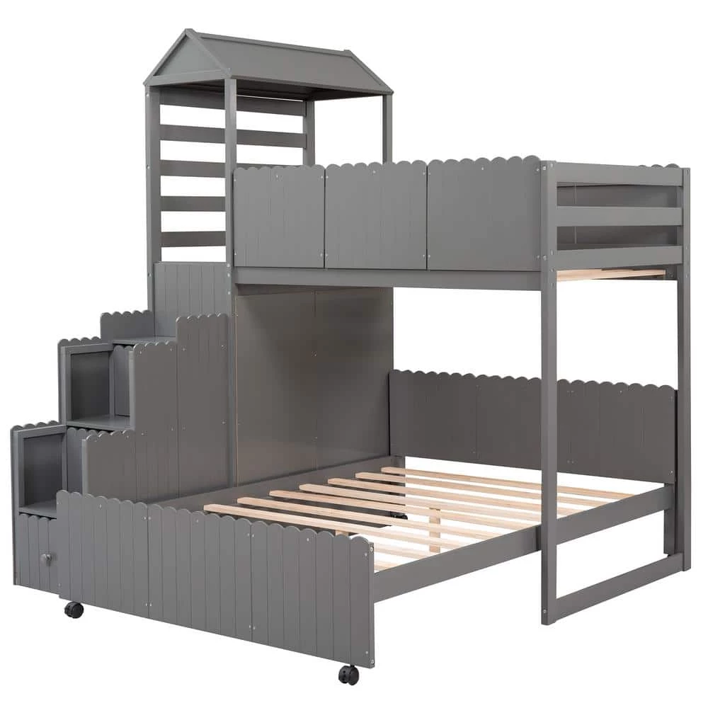 Gray Stairway Twin Over Full Bunk Bed, House Bed with 2-Shelves and Seven Drawers by GODEER - Image 2