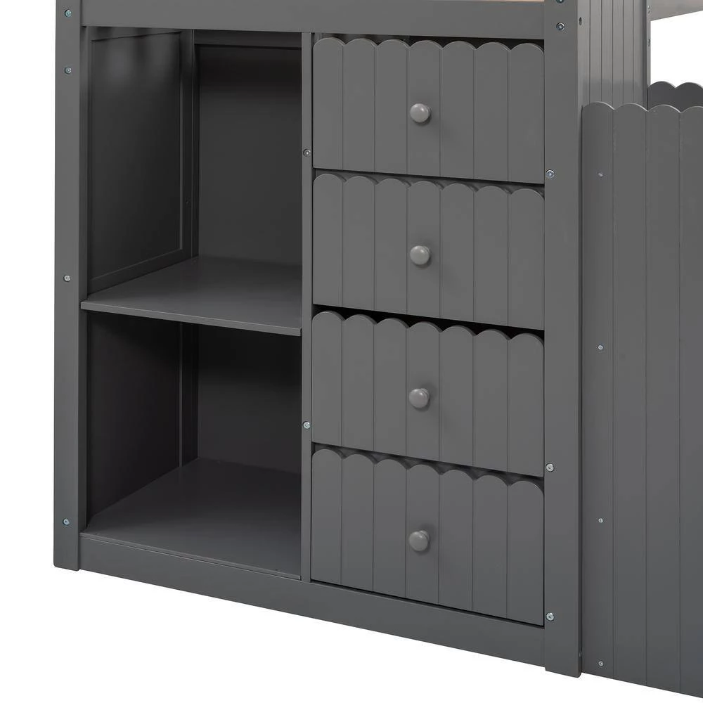 Gray Stairway Twin Over Full Bunk Bed, House Bed with 2-Shelves and Seven Drawers by GODEER - Image 9