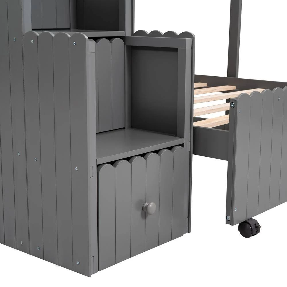 Gray Stairway Twin Over Full Bunk Bed, House Bed with 2-Shelves and Seven Drawers by GODEER - Image 7