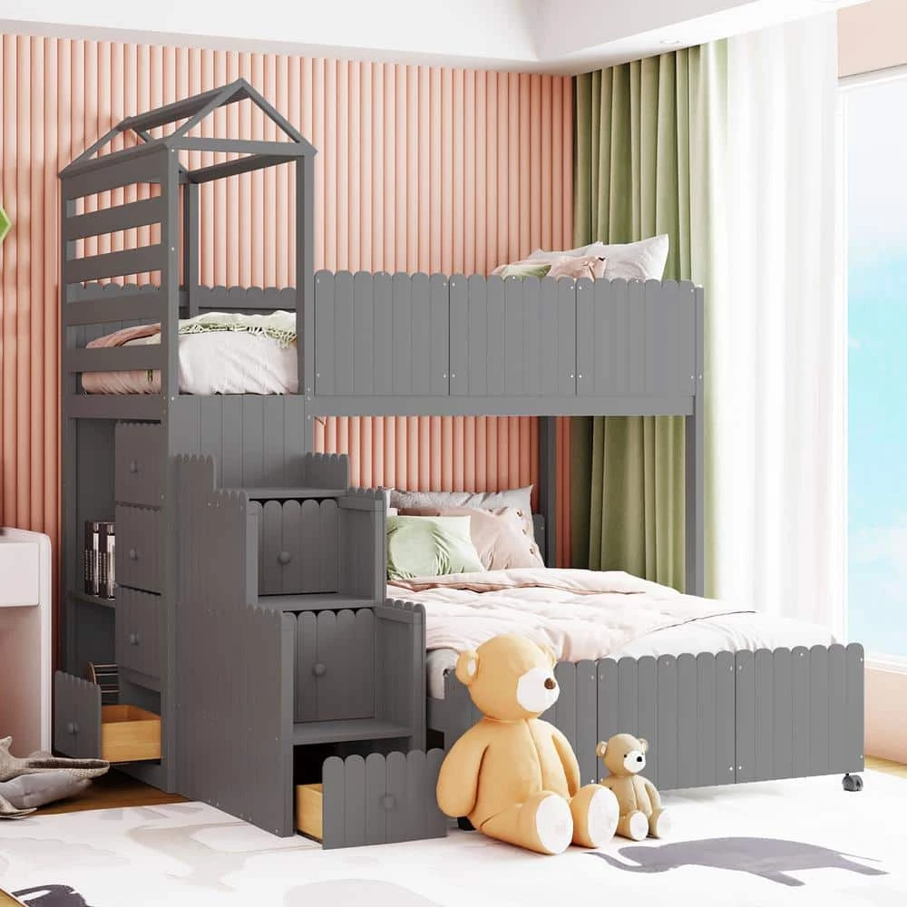 Gray Stairway Twin Over Full Bunk Bed, House Bed with 2-Shelves and Seven Drawers by GODEER
