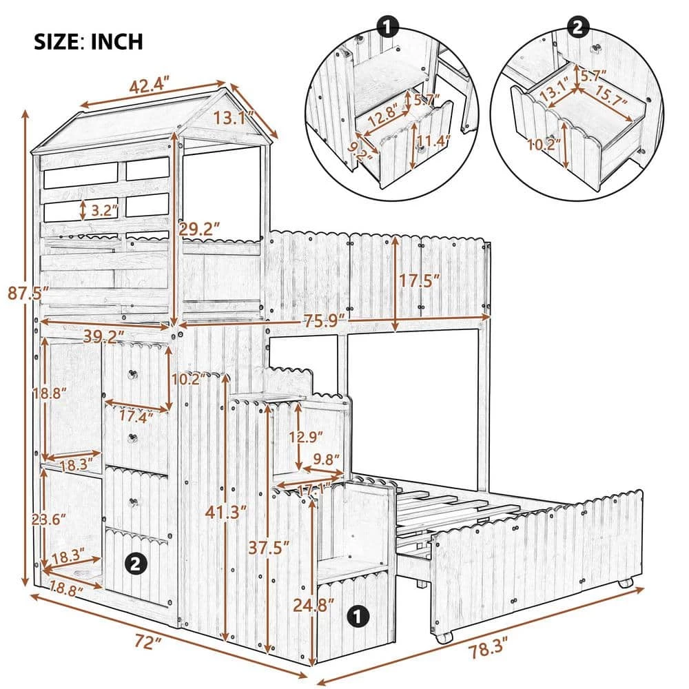 Gray Stairway Twin Over Full Bunk Bed, House Bed with 2-Shelves and Seven Drawers by GODEER - Image 4