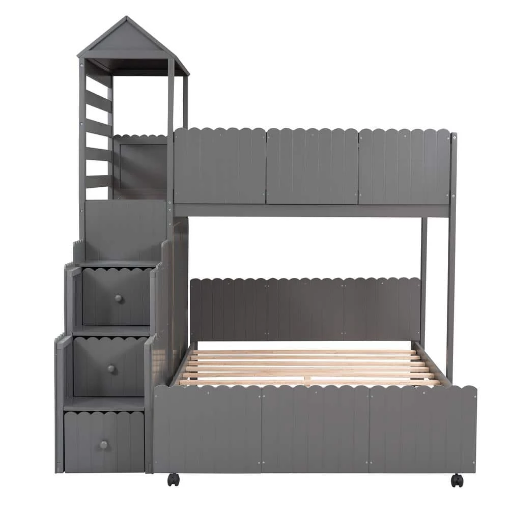 Gray Stairway Twin Over Full Bunk Bed, House Bed with 2-Shelves and Seven Drawers by GODEER - Image 5