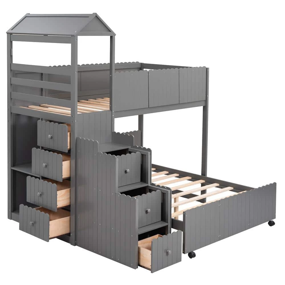 Gray Stairway Twin Over Full Bunk Bed, House Bed with 2-Shelves and Seven Drawers by GODEER - Image 3