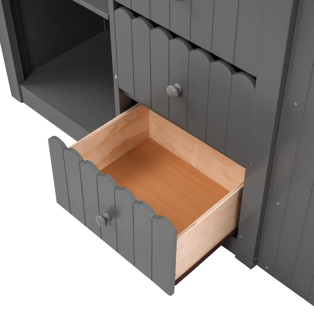 Gray Stairway Twin Over Full Bunk Bed, House Bed with 2-Shelves and Seven Drawers by GODEER - Image 10