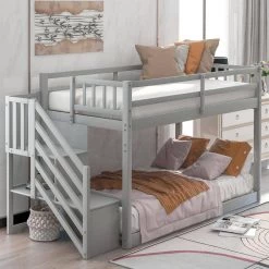 Gray Twin over Twin Floor Bunk Bed, Ladder with Storage by GODEER