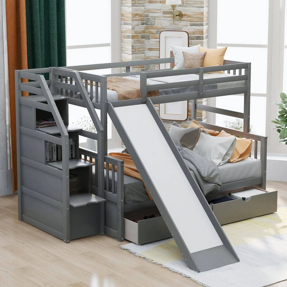 Gray Twin over Full Bunk Bed with Drawers, Storage and Slide, Multifunction by GODEER - Image 9