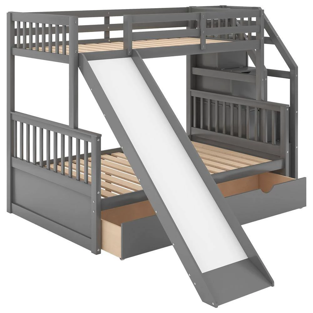 Gray Twin over Full Bunk Bed with Drawers, Storage and Slide, Multifunction by GODEER - Image 3